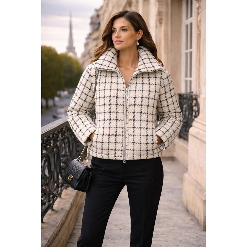 JASON WU New Women's MEDIUM Quiet Luxury Ivory Plaid Tweed PUFFER Jacket Cozy